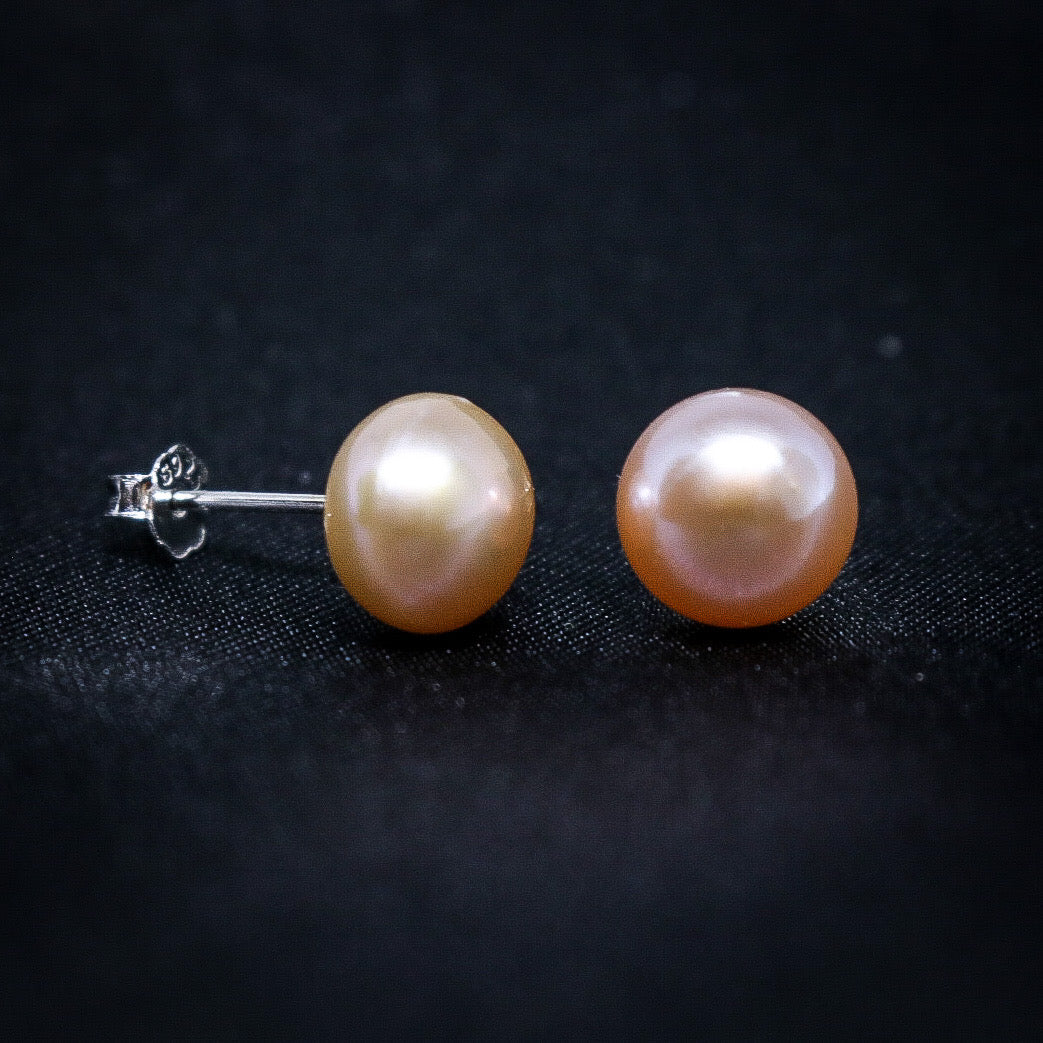 8mm Peach Pink Round Freshwater Pearl Earrings - 925 Silver