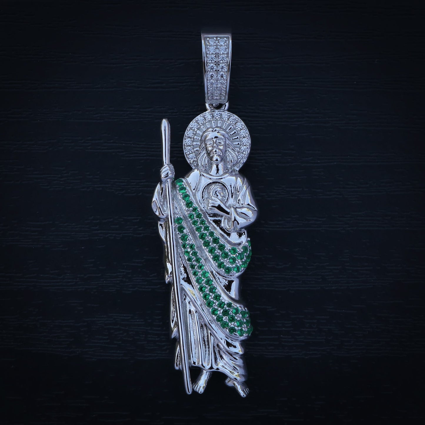 San Judas with Green Stones Pendant - 925 Silver