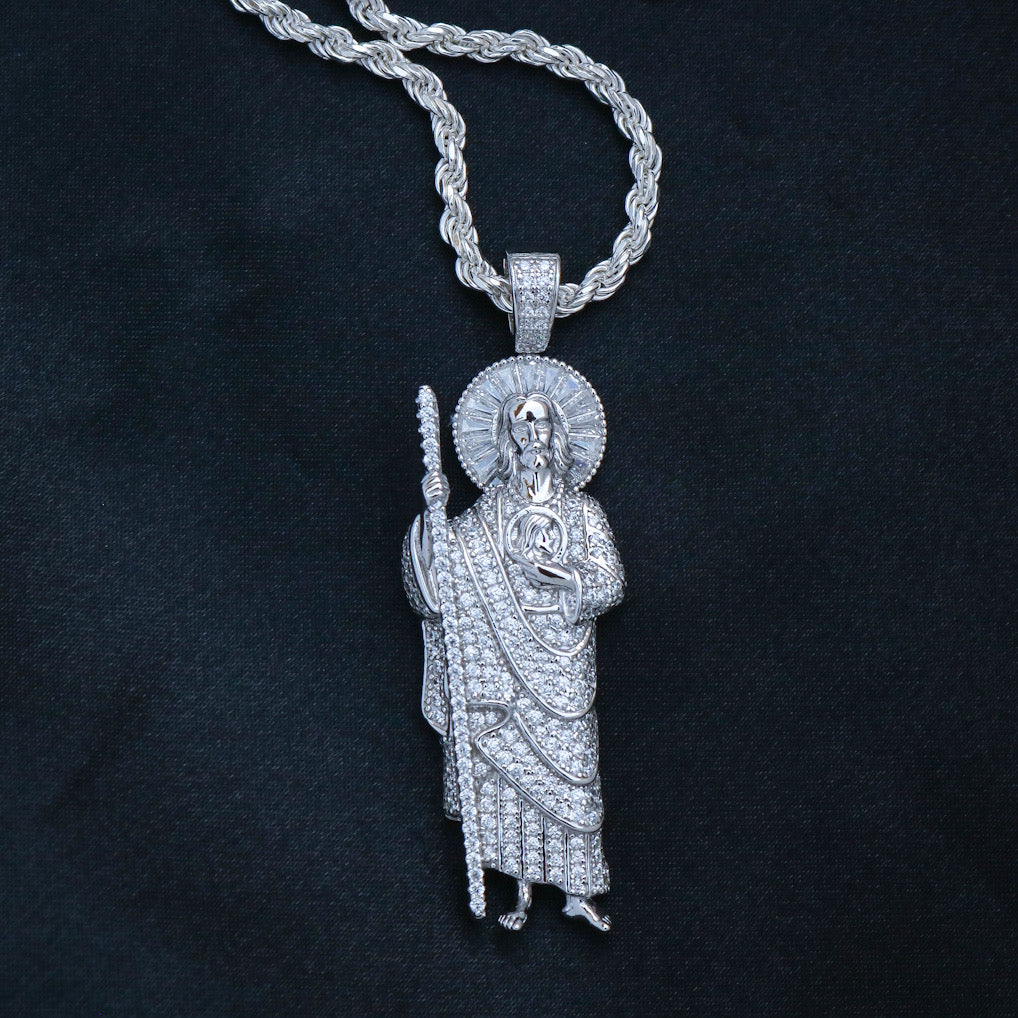 Iced Baguette San Judas Pendant - 925 Silver