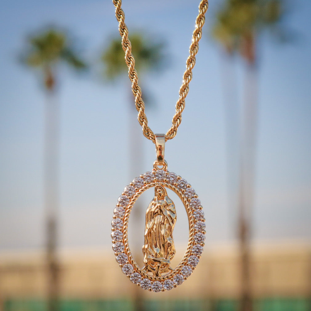 Virgin Mary Oval CZ Necklace - Gold