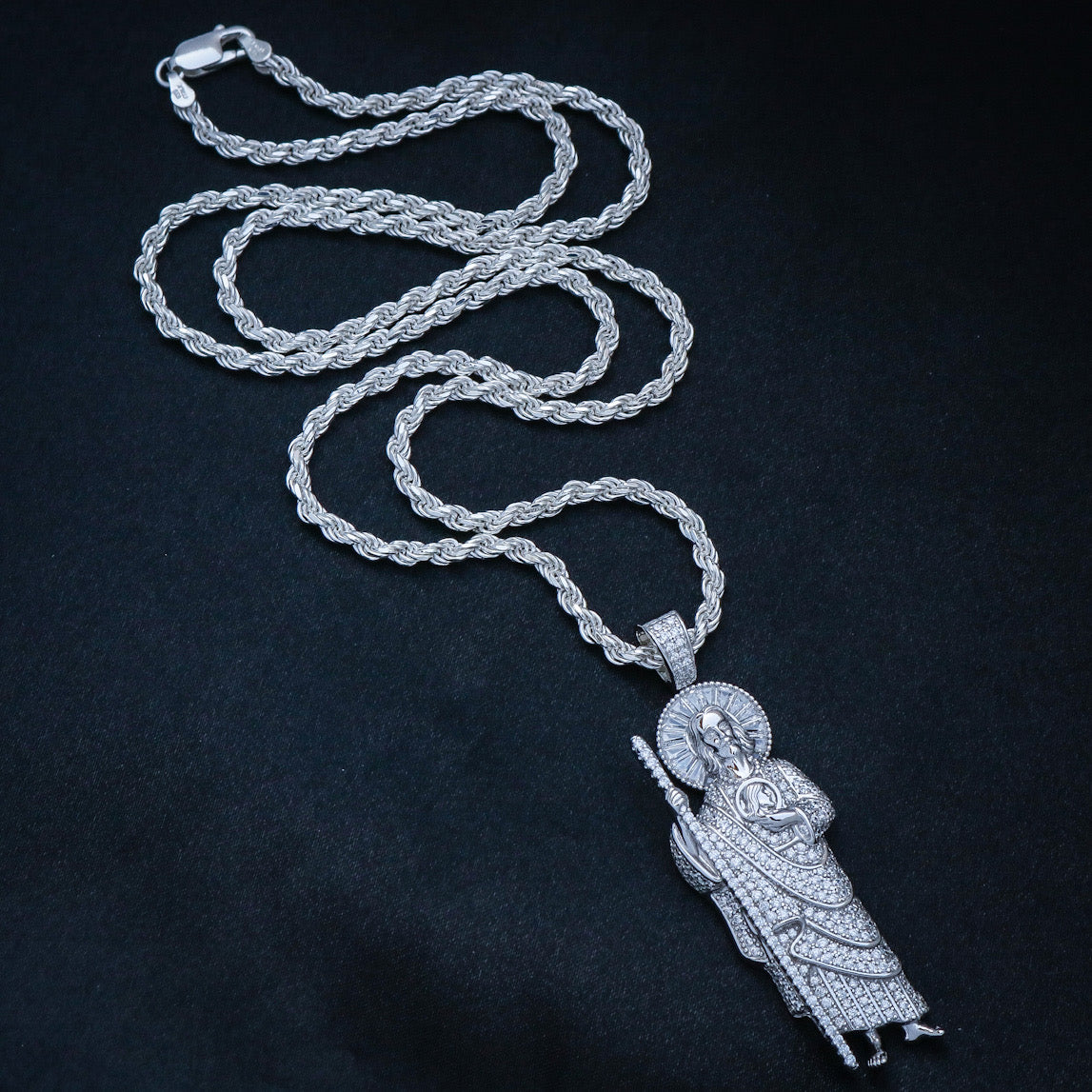 Iced Baguette San Judas Pendant - 925 Silver