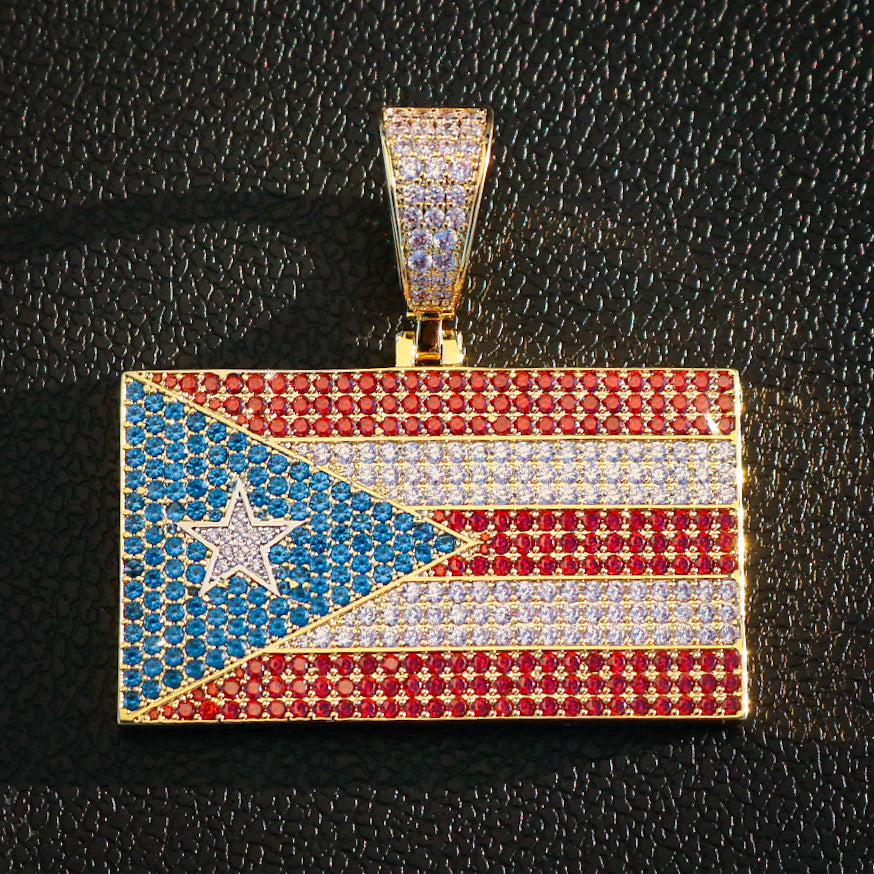 Iced Out Puerto Rico Flag Pendant - Gold
