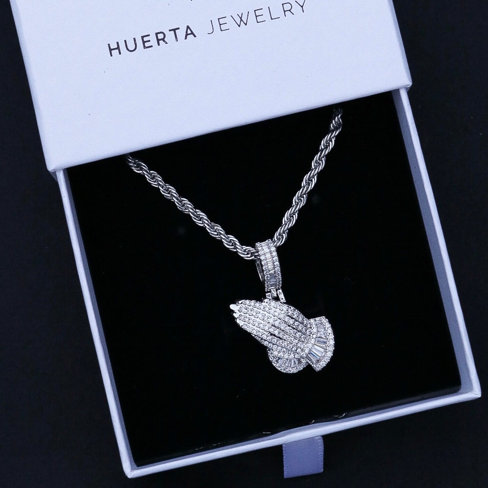 Small Iced Out Praying Hands Pendant - White Gold