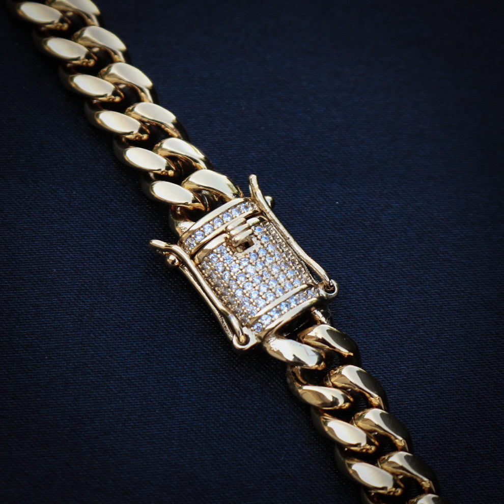 8mm Miami Cuban Chain (Iced Out Clasp) - Gold