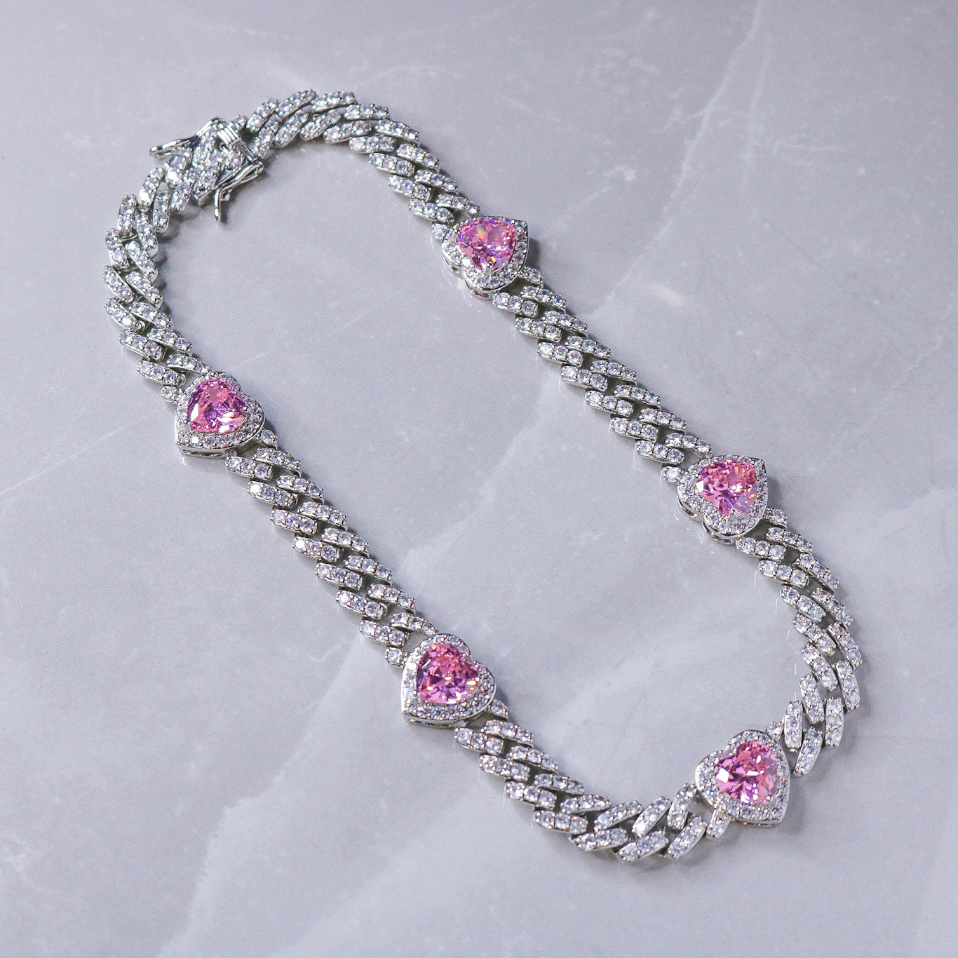 Iced Heart Pink Diamond Cuban Choker Necklace - White Gold