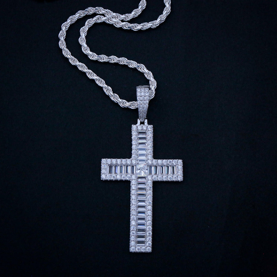 Iced Out Baguette Cross Pendant - 925 Silver