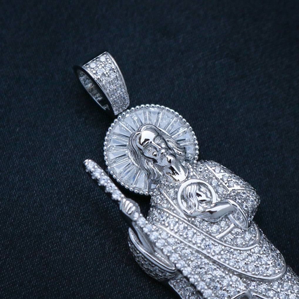 Iced Baguette San Judas Pendant - 925 Silver