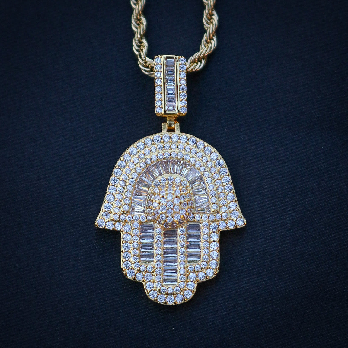 Iced out Hamsah Baguette Pendant - Gold