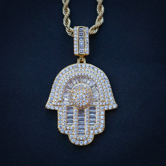 Iced out Hamsah Baguette Pendant - Gold