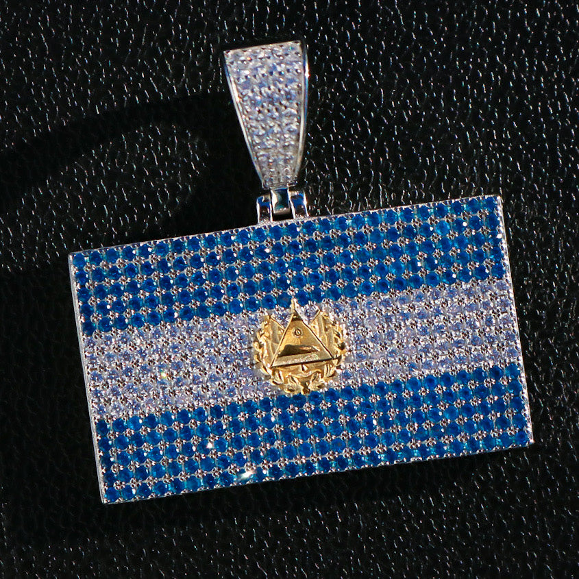 Iced Out El Salvador Flag Pendant - 925 Silver