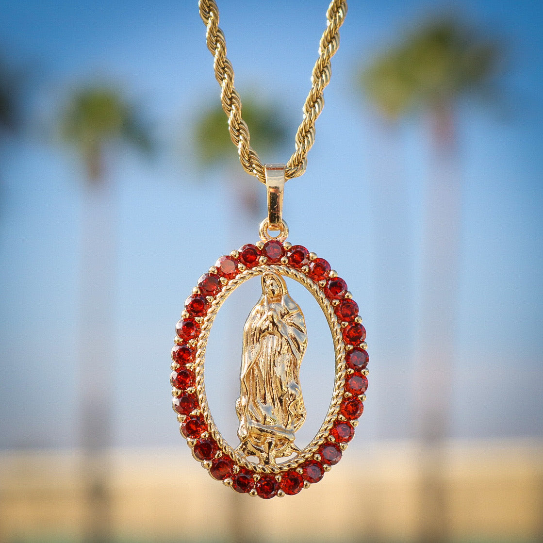 Virgin Mary Oval Red CZ Necklace - Gold