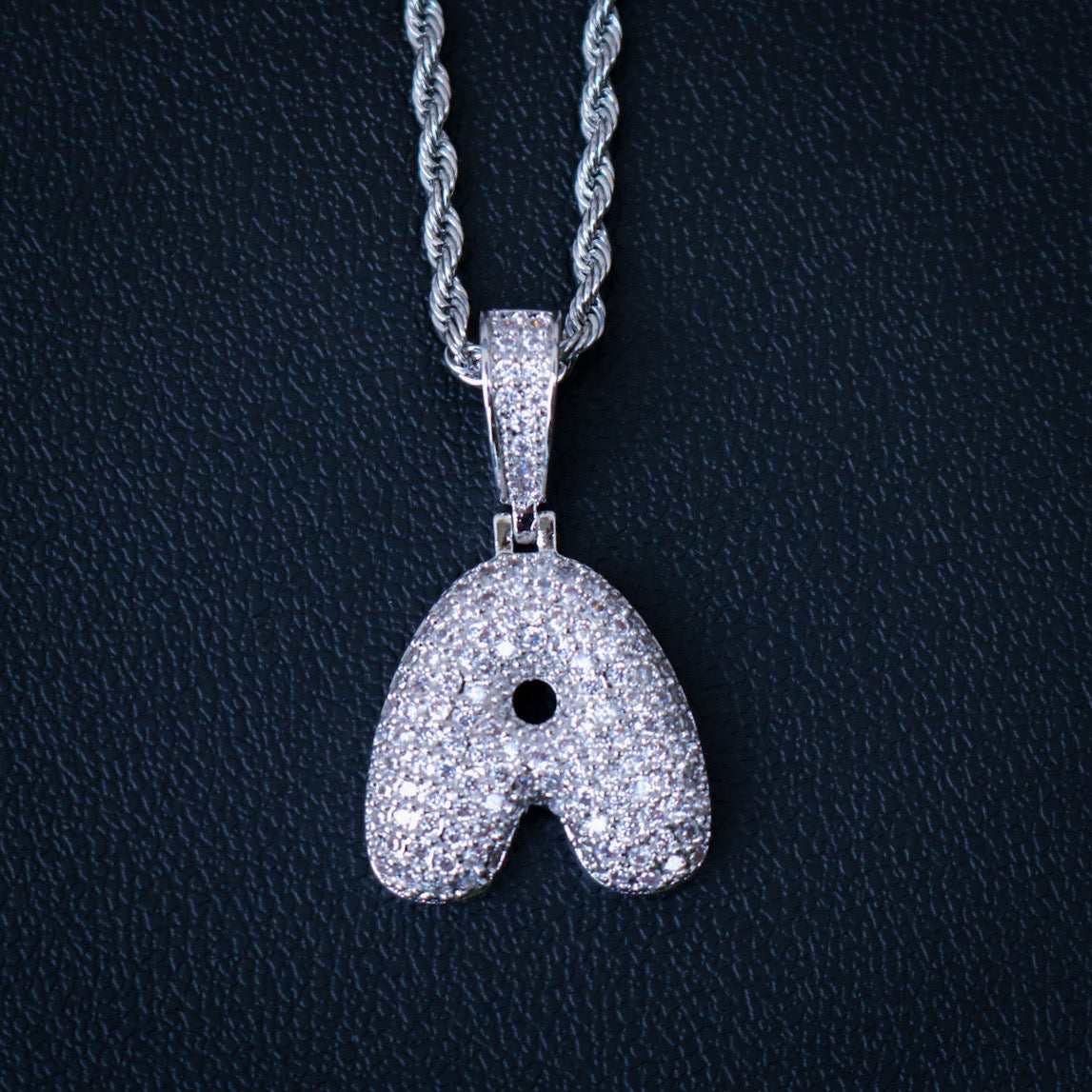 Iced out bubble initial letter (A-Z) pendant - White Gold
