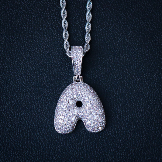 Iced out bubble initial letter (A-Z) pendant - White Gold