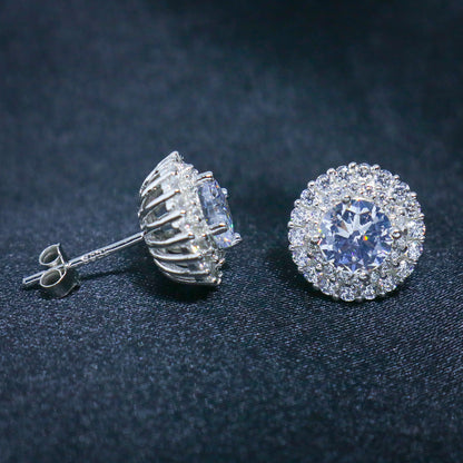 Iced Out Round Diamond Stud Earrings - 925 Silver