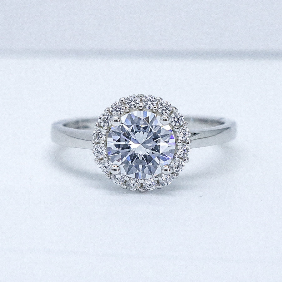 Halo Round Cut CZ Diamond Ring - 925 Silver