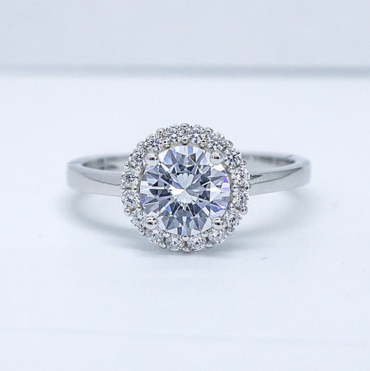 Halo Round Cut CZ Diamond Ring - 925 Silver
