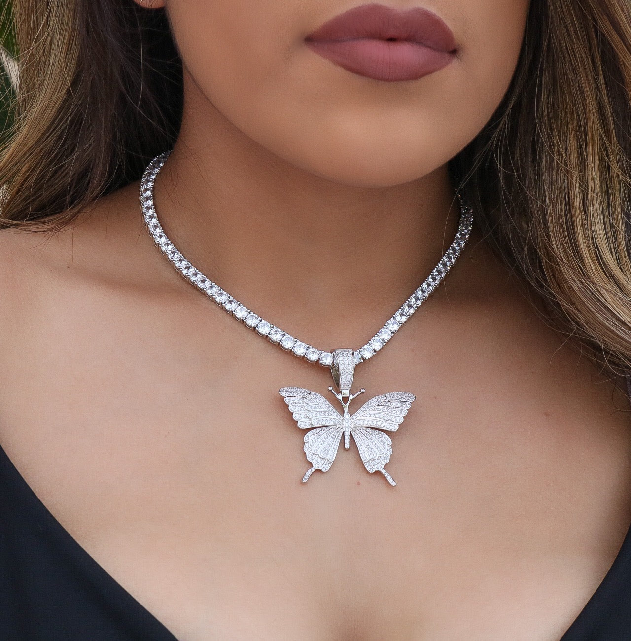 Iced Butterfly Pendant - White Gold