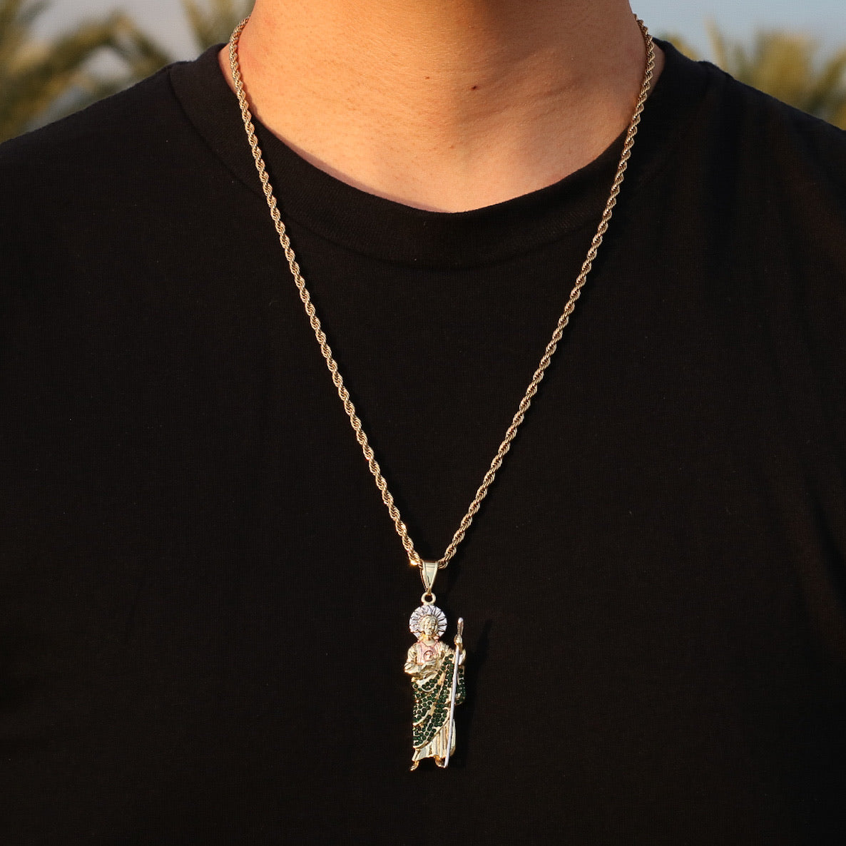 San Judas 3-Tone with Green Stones Pendant - Gold