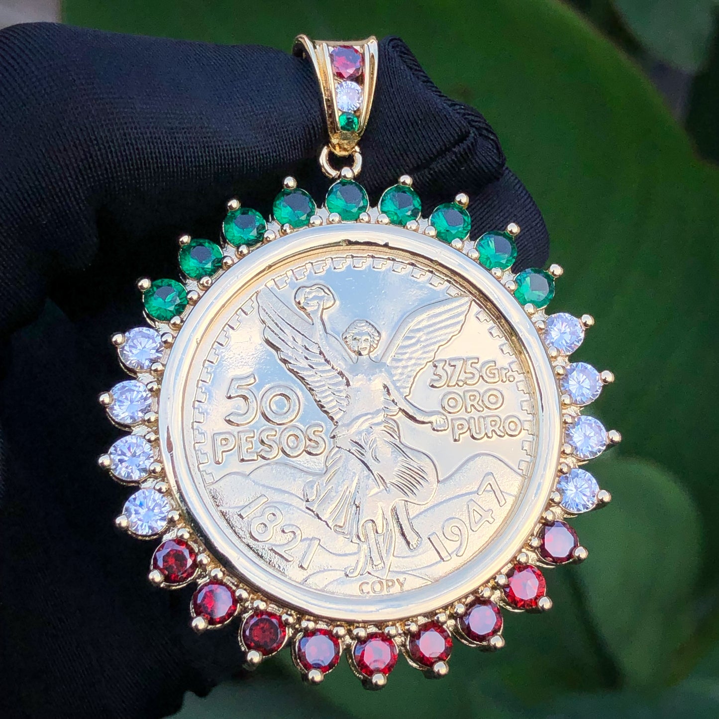 3 Color Diamond Bezel Centenario Pendant - Gold