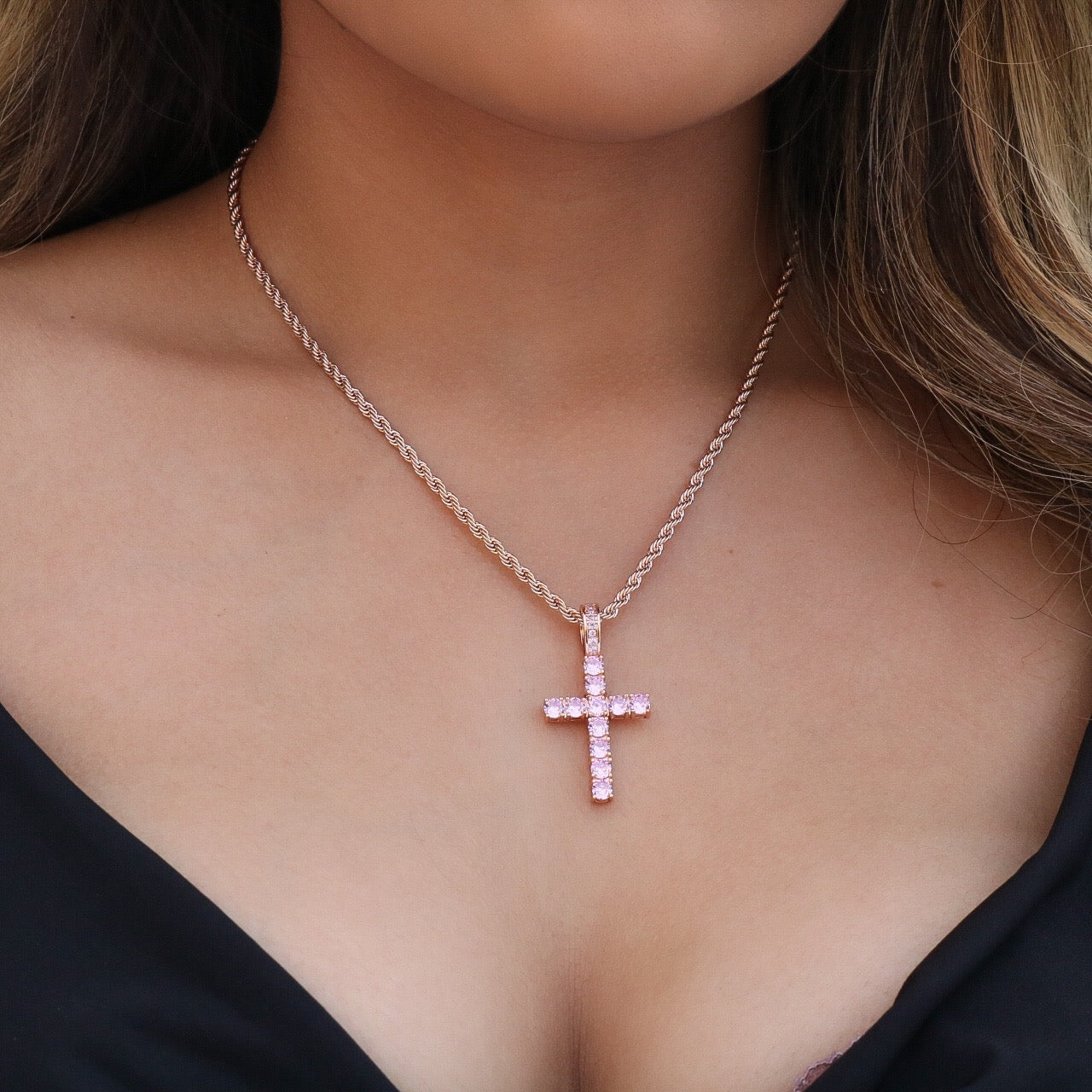 Pink Diamond Cross Pendant - Rose Gold