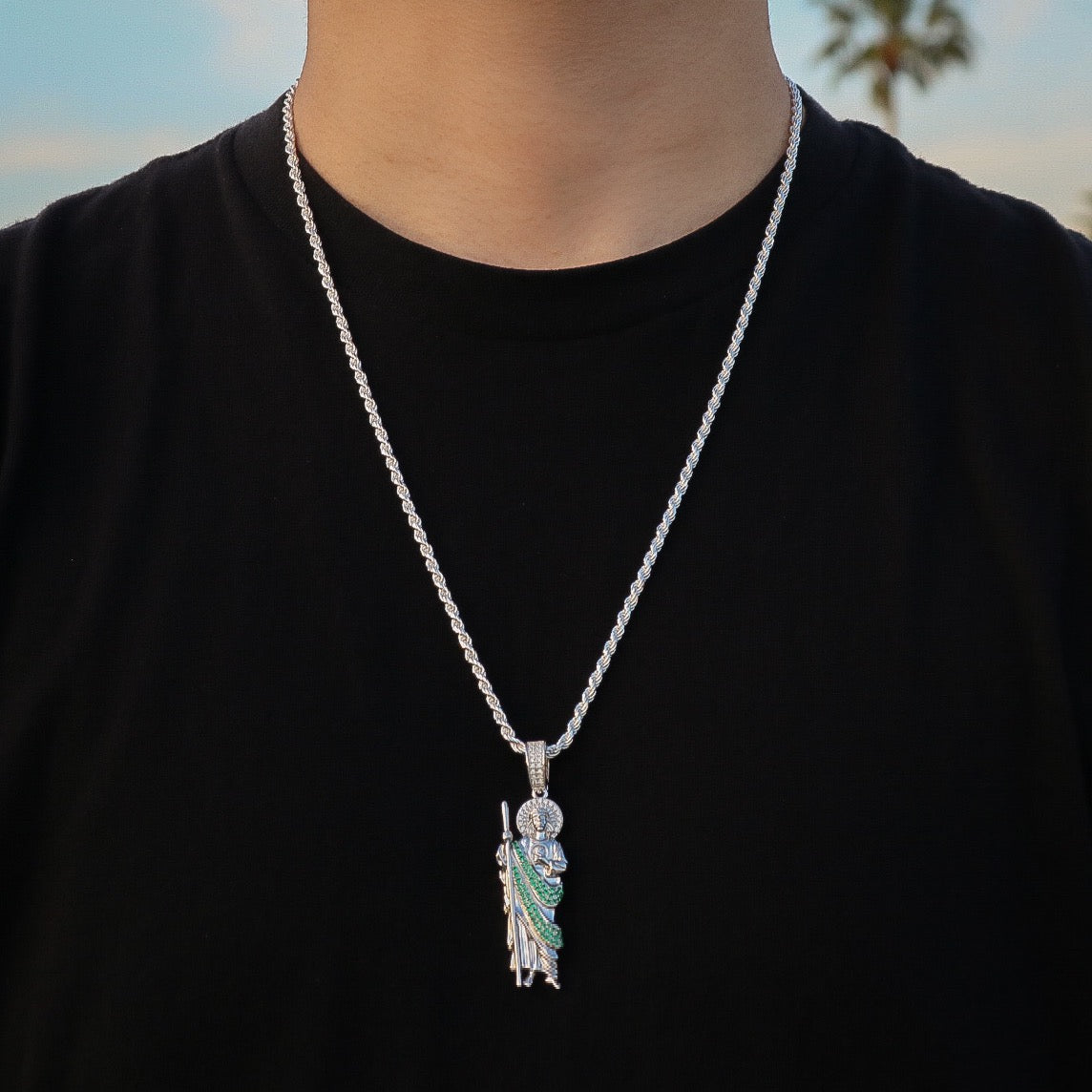 San Judas with Green Stones Pendant - 925 Silver
