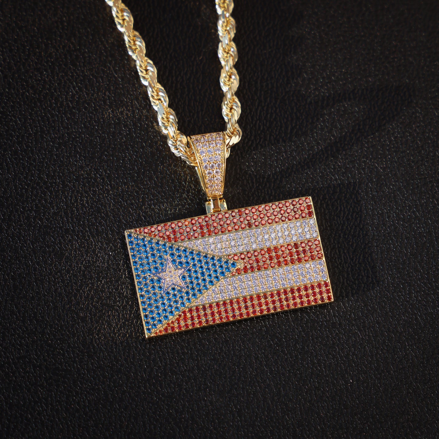 Iced Out Puerto Rico Flag Pendant - 14k Gold