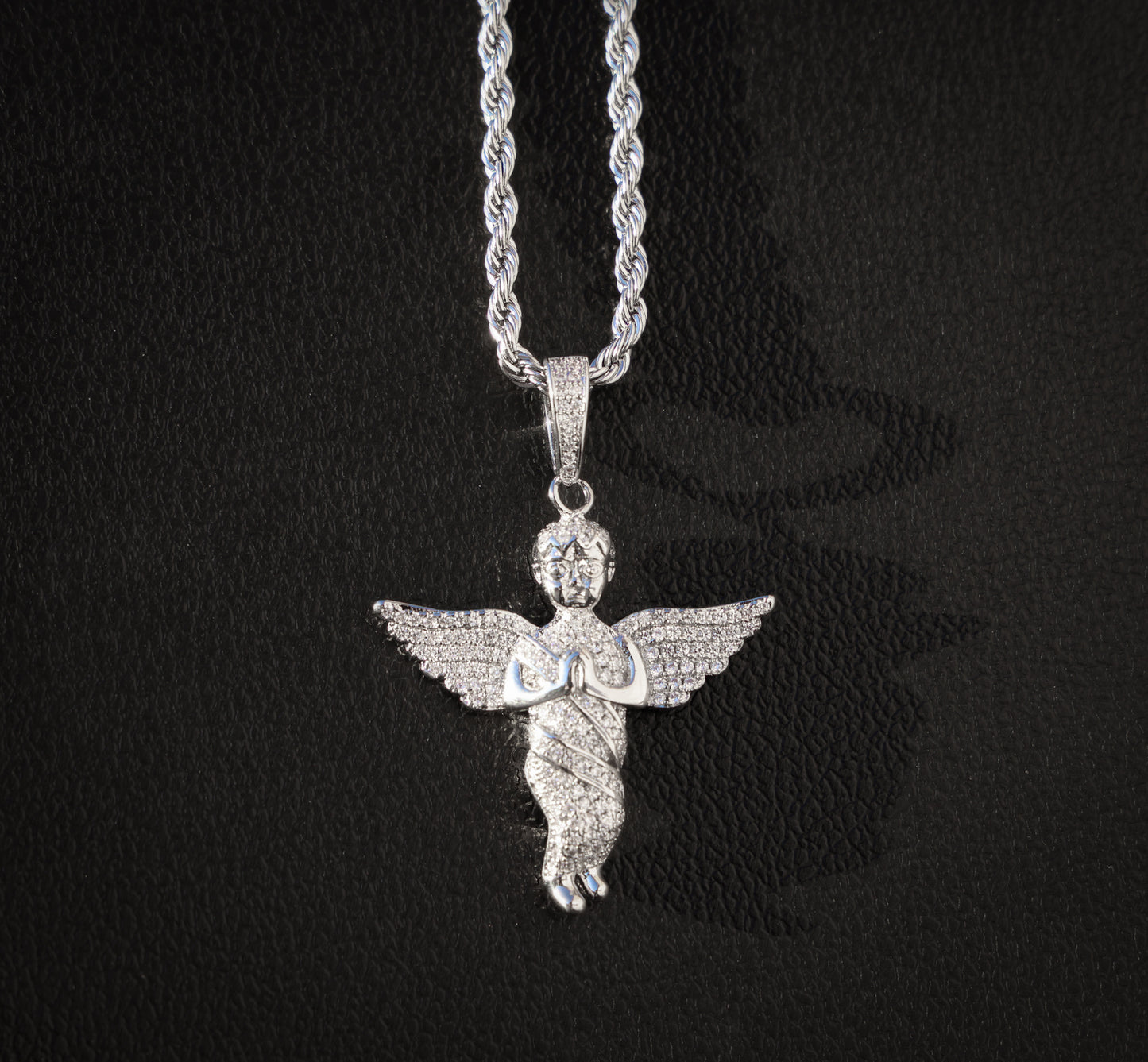 Small Iced Out Angel Pendant - White Gold