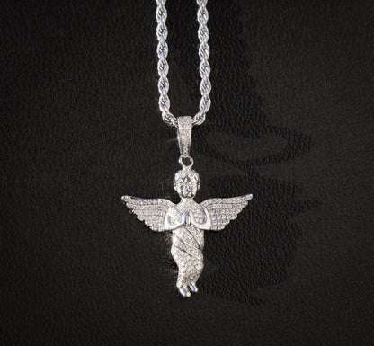 Small Iced Out Angel Pendant - White Gold