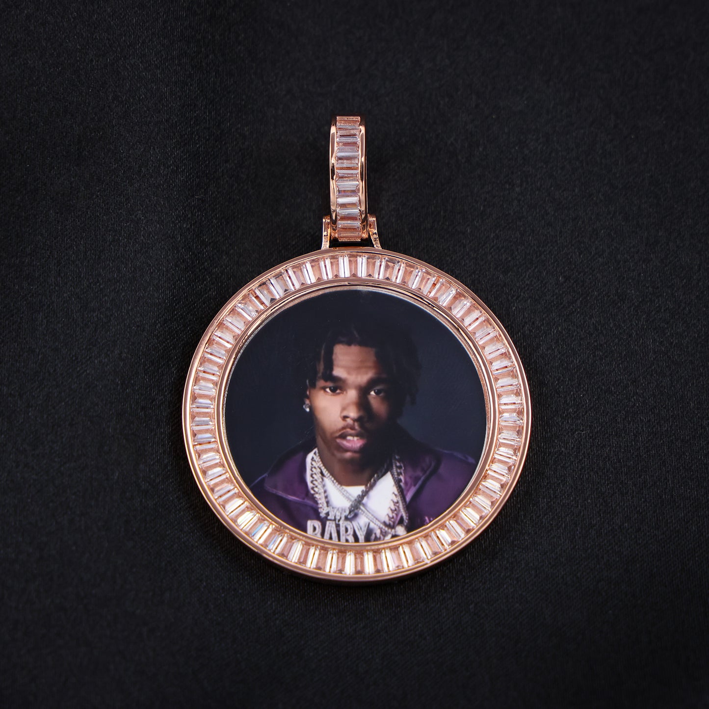 Custom Baguette Circle Photo Pendant - Rose Gold