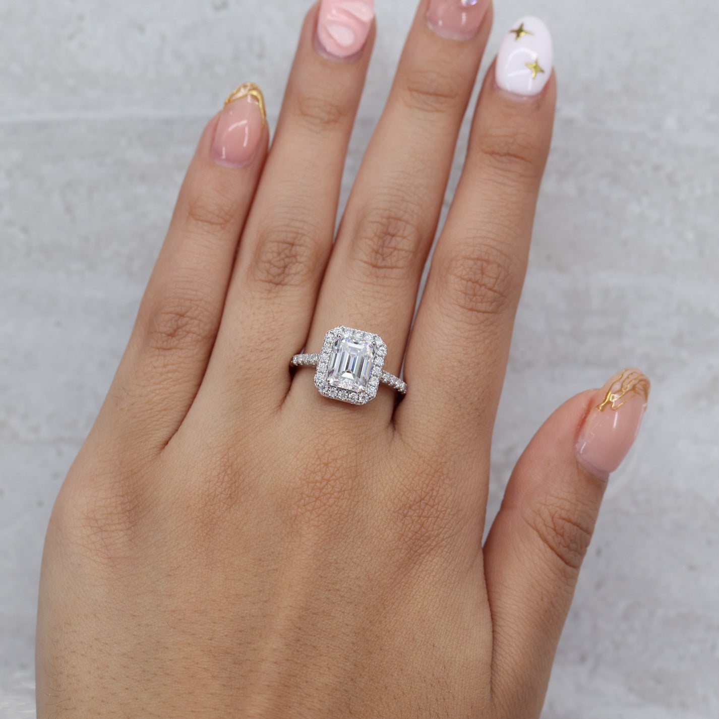 3ct Moissanite Emerald Cut Halo Ring - 925 Silver