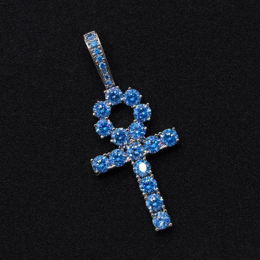 Small Blue Diamond Ankh Cross Pendant - White Gold