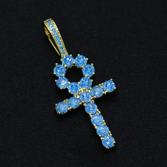 Small Blue Diamond Ankh Cross Pendant - Gold