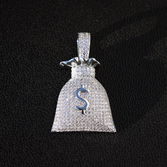 Iced Out Money Bag Pendant - White Gold