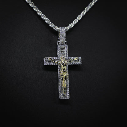 Iced Baguette Crucifix Pendant (2 Tone) - Real 925 Silver