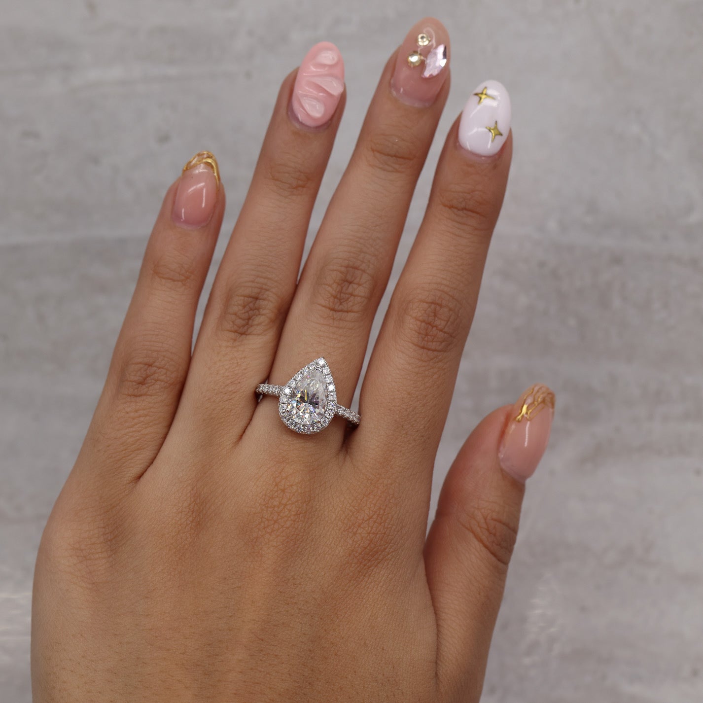 3ct Moissanite Pear Cut Halo Ring - 925 Silver