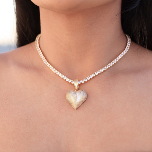 Fully Iced Out Heart Pendant Necklace - Gold