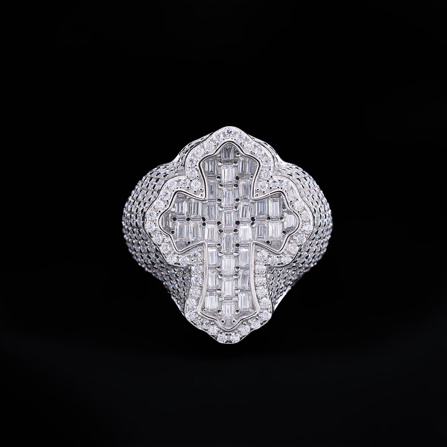 Moissanite Fully Iced Baguette Budded Cross Ring - 925 Silver