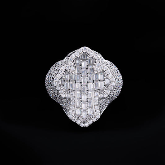Moissanite Fully Iced Baguette Budded Cross Ring - 925 Silver