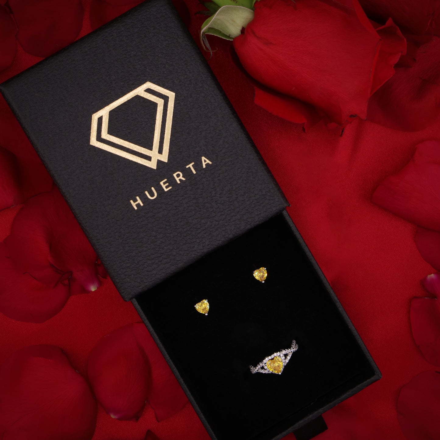 Yellow Heart Infinity Ring + Earrings Set - 925 Silver