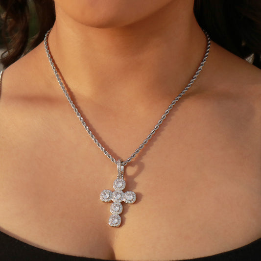 Stone Cross Pendant Necklace - White Gold