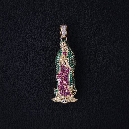Iced Multi-Color Virgin Mary Pendant - Gold