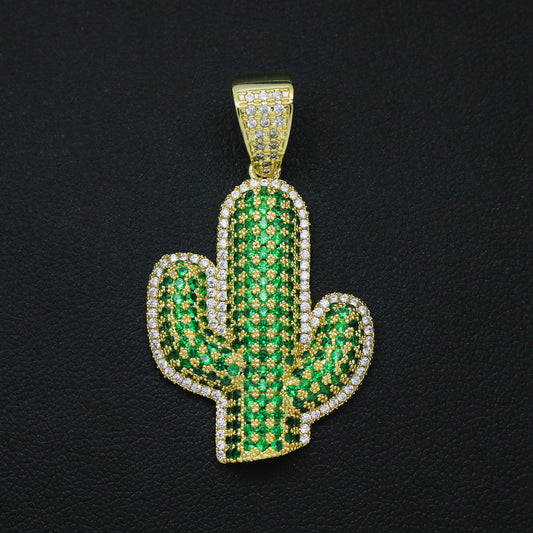 Iced out Cactus Pendant - Gold