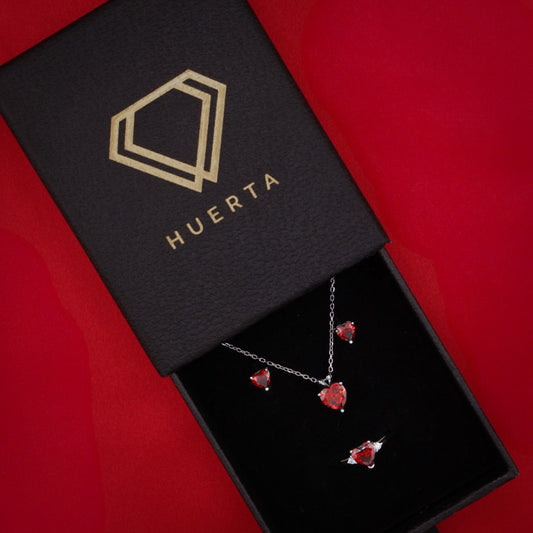 Red Heart CZ Ring + Necklace + Earrings Set - 925 Silver