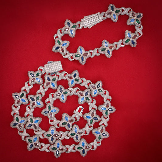 Iced Multi-Color Clover Link Chain + Bracelet Bundle - White Gold