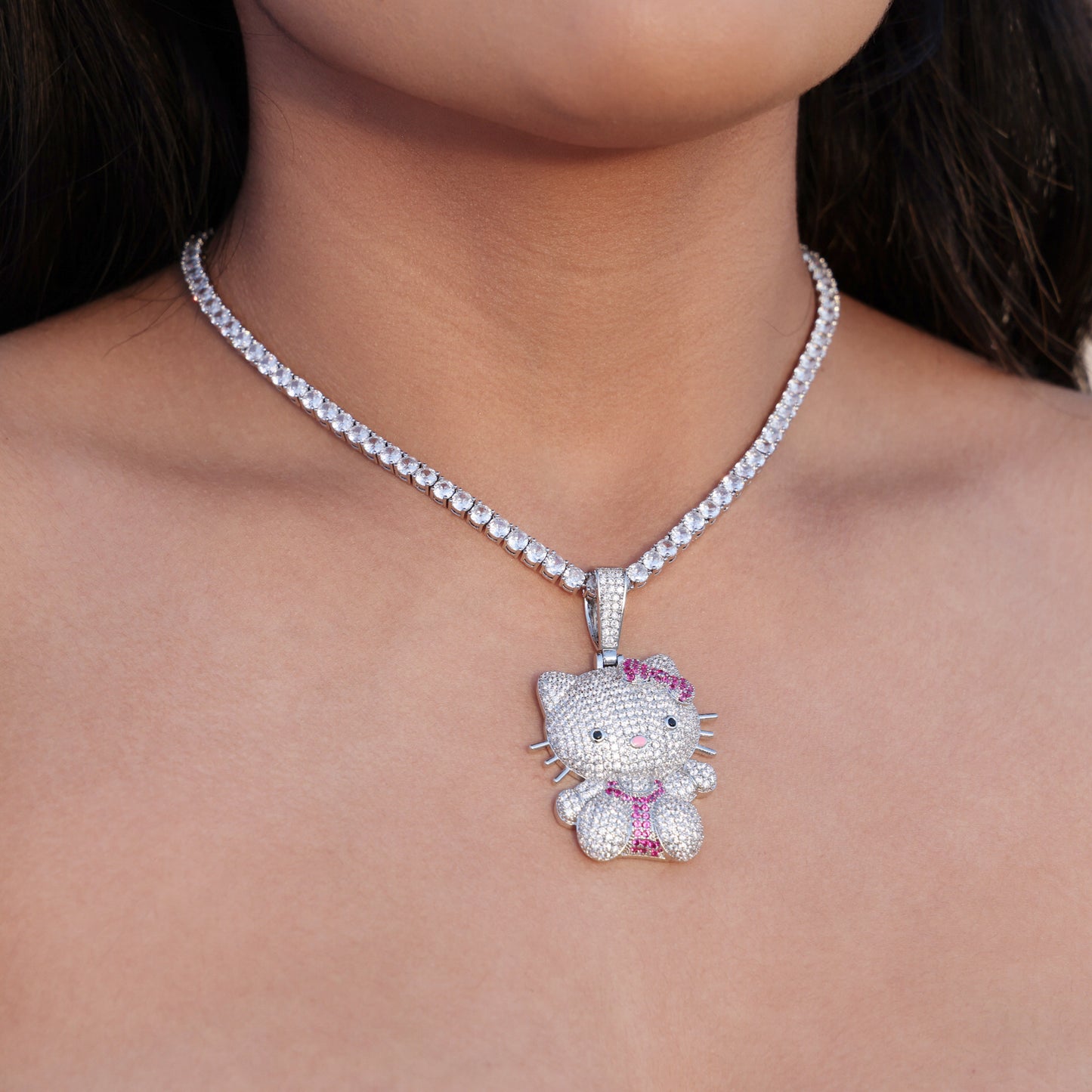 Iced Out Kitty Pendant - White Gold