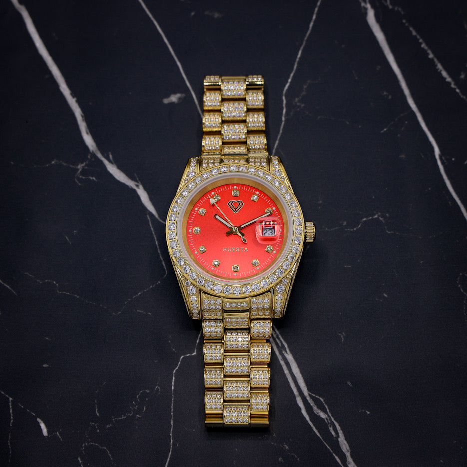 Iced Red Dial Huerta Watch - Gold