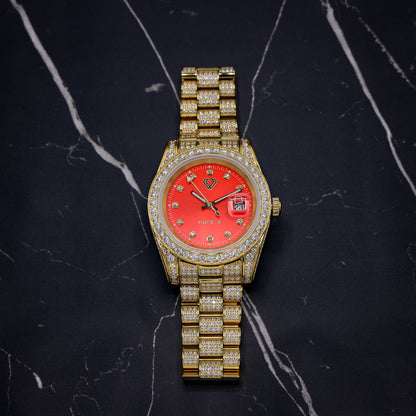 Iced Red Dial Huerta Watch - Gold