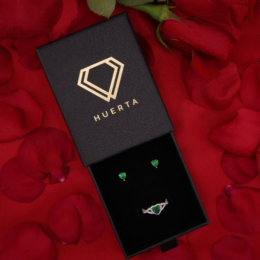 Emerald Heart Infinity Ring + Earrings Set - 925 Silver