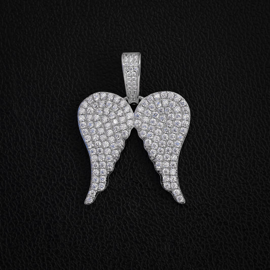 Iced Out Angel Wings Pendant - White Gold