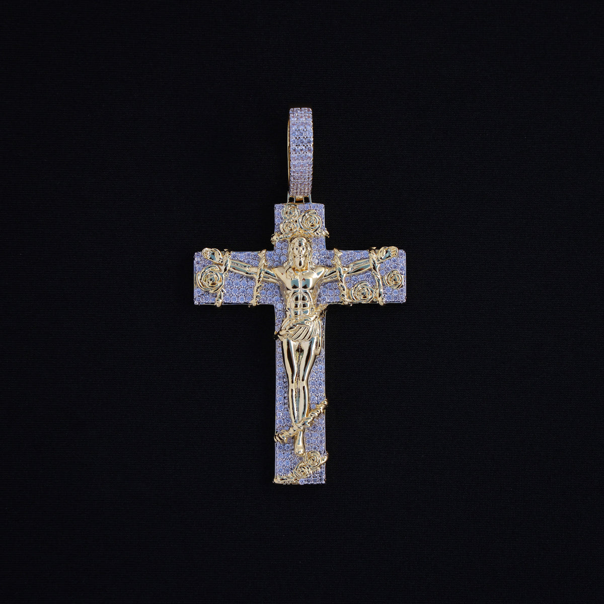 Iced Rose Crucifix Pendant - Gold